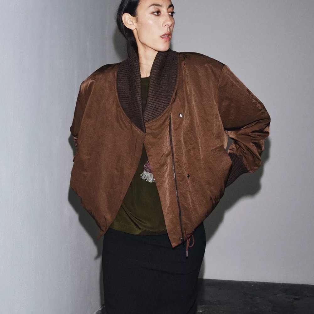 NWT Zara Ribbed Trim Jacket Sz:L Brown - Picture 2 of 8